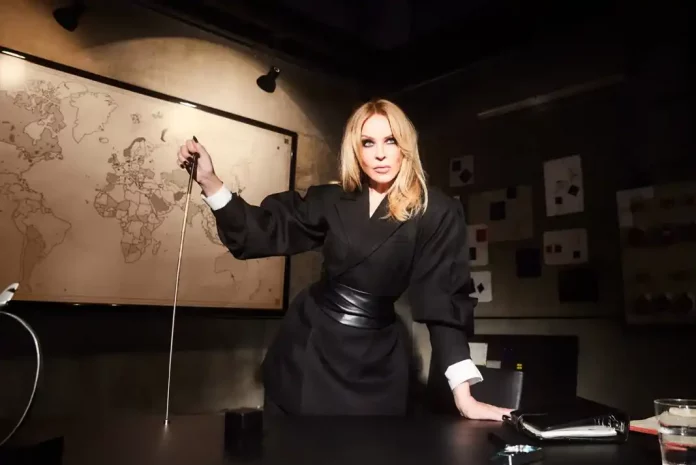 Kylie Minogue is pictured promoting her Tension tour