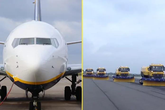 An airplane is pictured on the runway and on the right a new fleet of snow ploughs at East Midlands Airport