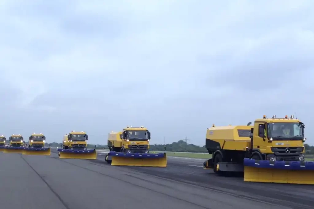 A fleet of snow ploughs on East Midlands Airport runway