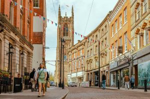 Derby Historic street with cathedral tower