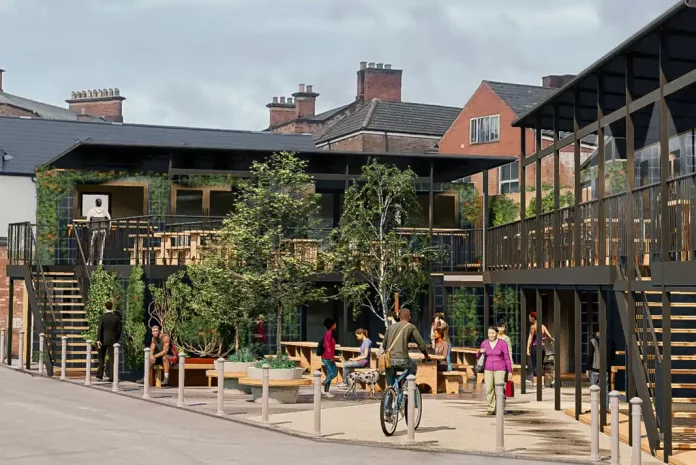 Modern outdoor market with people socializing.