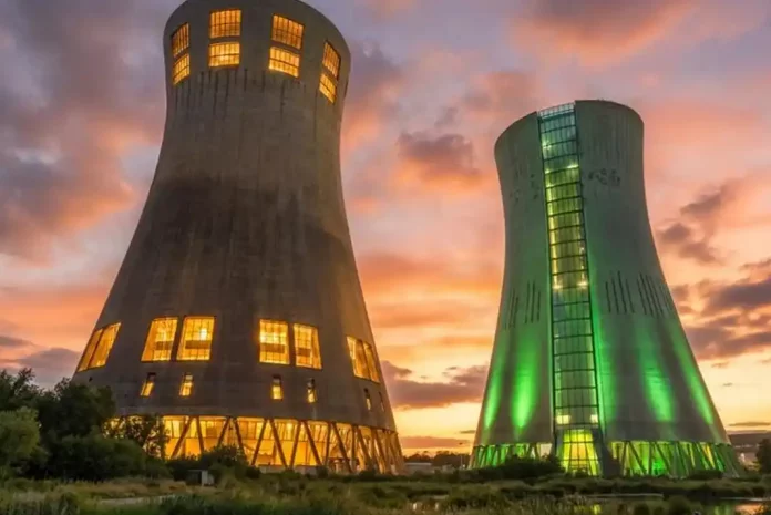 Cooling towers at sunset, vibrant colors