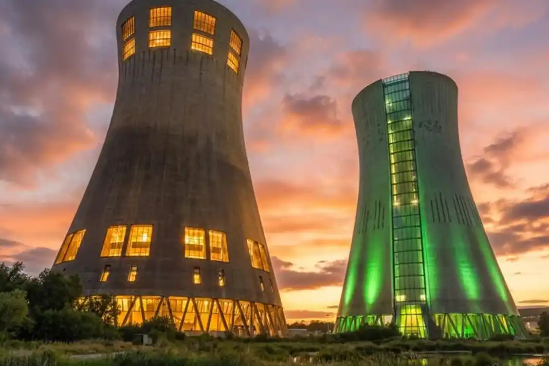 Cooling towers at sunset, vibrant colors