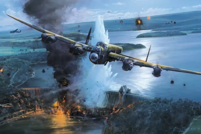 dambusterspicture Bomber attacking a dam with explosions