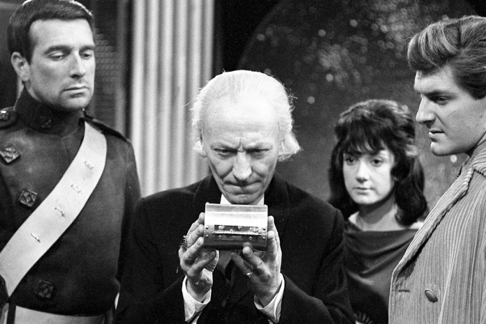 Black and white vintage television scene.