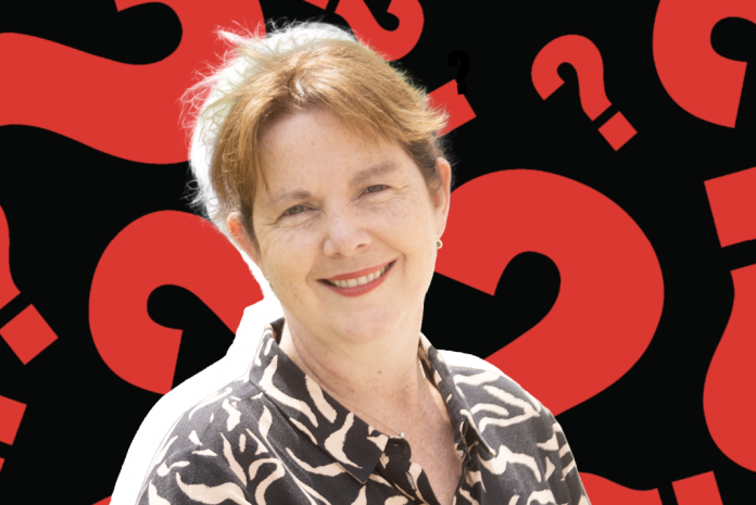 Mayor of East Midlands Claire Ward with question marks background.