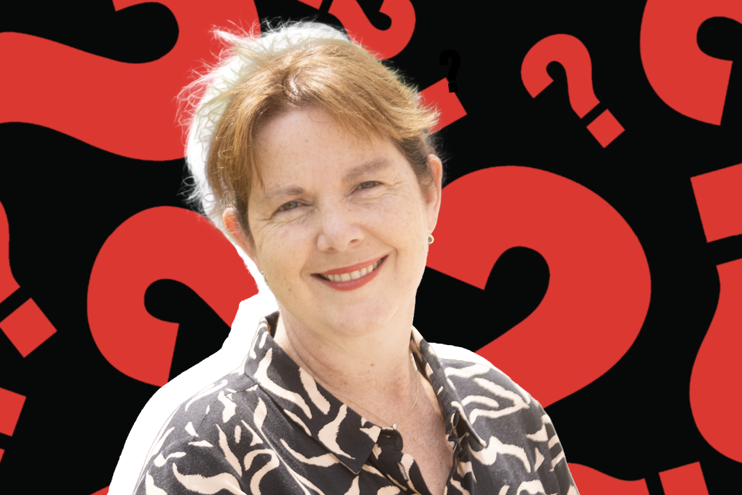 Mayor of East Midlands Claire Ward with question marks background.