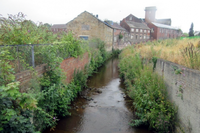 Overgrown stream beside old buildings at the former Walton Works near Chesterfield