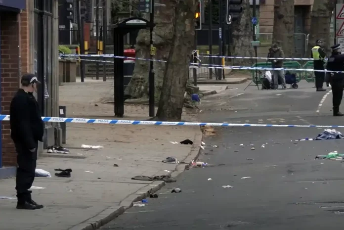 Police scene with debris and cordon