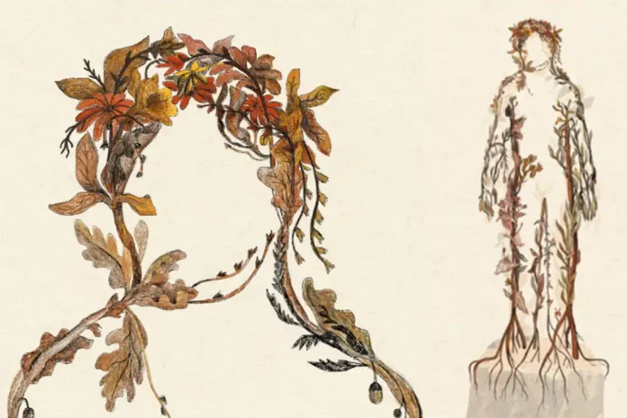 Botanical illustration with human figure