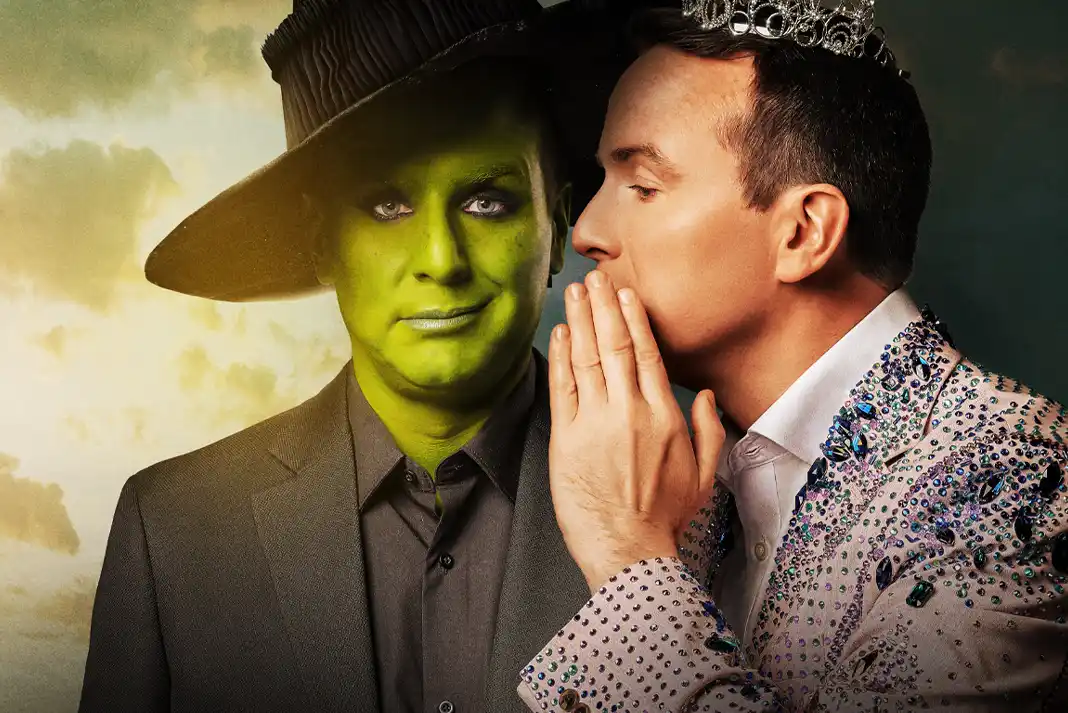 Two men, one green, whispering secrets.