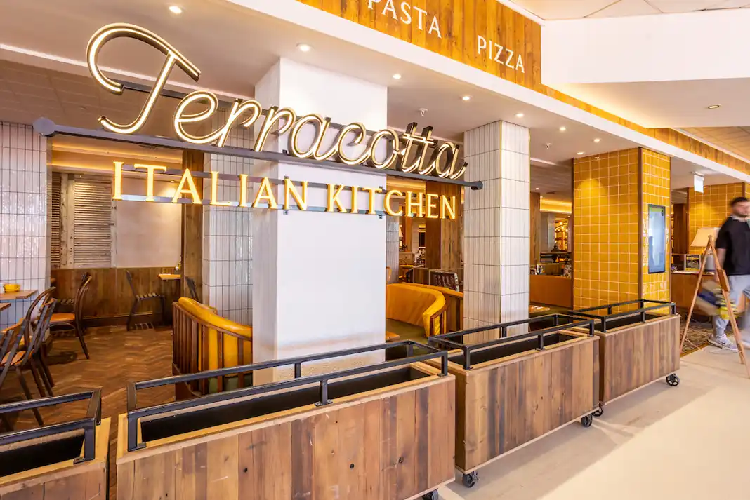 Italian restaurant interior with signage saying Terracotta