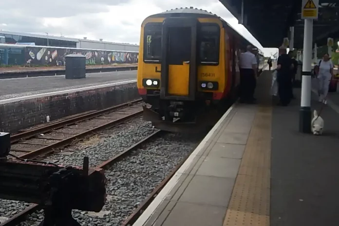 Train arriving at a platform at Skegness Station