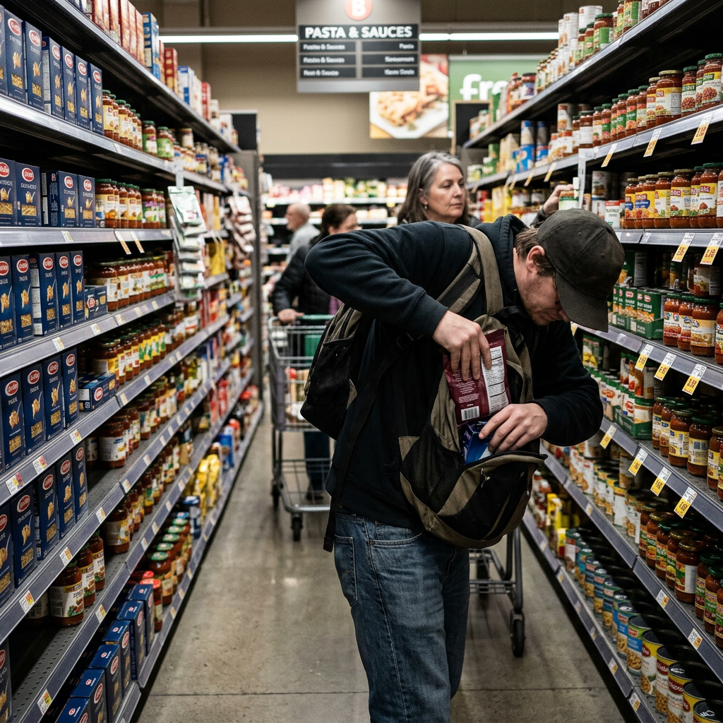 Man placing food items into backpack in grocery store aisle
